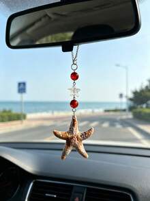 1 pieza Decoración colgante de espejo retrovisor de coche estilo océano con estrella de mar, adorno de resina, accesorio de decoración interior de coche - A - Ver 1