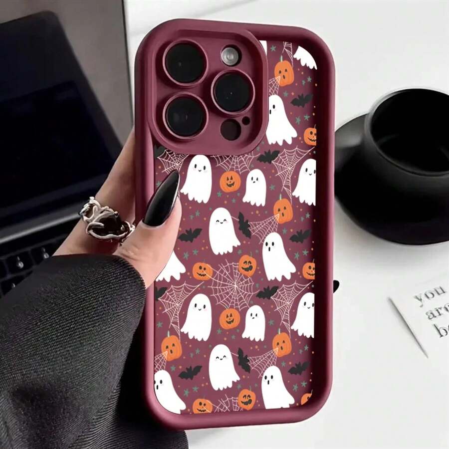 Halloween Pumpkin Ghost Silicone Phone Case For IPhone 16 15 14 13 12 11 Pro Max 17 Air Plus Soft Cover 0ZWO - 酒紅色02 - 查看 1