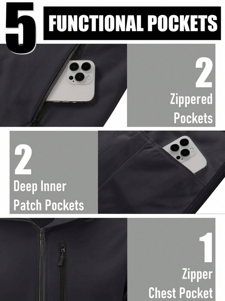 Cavva Jaket Softshell Pria Berkerudung dengan Lapisan Bulu Domba, Mantel Hangat dengan 5 Saku, Manset Bawah dengan Tali Serut yang Dapat Diatur, Cocok untuk Mendaki dan Aktivitas Luar Ruangan - Hitam - View 4