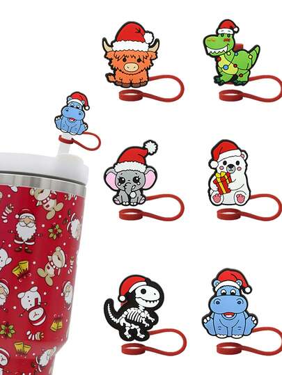 1pc/6pcs Christmas Hippo Straw Topper,Cute Xmas Animal Silicone Straw Cover Cap With Santa Hat,Reusable Drink Cup Straw Tip Protector,Winter Festive Home Kitchen Decor,Gift Decorations For Water Cup,Cartoon Silicone Straw Plug Fortravel Mug