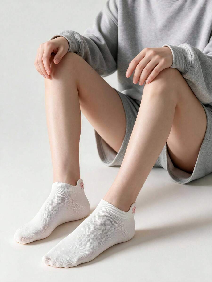 1 par de calcetines minimalistas para mujer con bordado de flores de cerezo blanco puro, floral, puro, lindo, versátil, para uso diario - Blanco - Ver 1