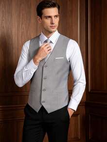Men's Formal Suit Vest, Large Pockets, Solid Color, Suitable For Business, Party, Wedding, Light Gray, XS-XXXL - Light Grey - View 8