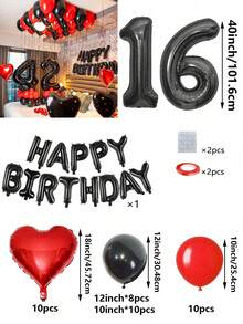53 件红色和黑色气球花环生日套装，40 英寸黑色聚酯薄膜数字气球，适合 16 岁、18 岁、20 岁、21 岁、22 岁、25 岁、30 岁、35 岁、40 岁生日派对装饰、房间装饰、摄影道具 - 紅黑色 - 查看 16