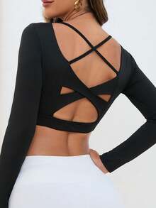 1PC Black Cross Hollow Back Short Long Sleeve Women's U Neck Slim Fit Fitness Top - Black - View 1