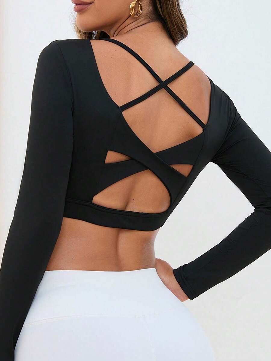 1PC Black Cross Hollow Back Short Long Sleeve Women's U Neck Slim Fit Fitness Top - Black - View 1