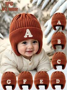 1pc Baby Winter Knit Hat, Toddler Thick Warm Letter Knit Beanie, Comfortable Soft Elastic Thick, Suitable For Winter Outings - Brown - View 1