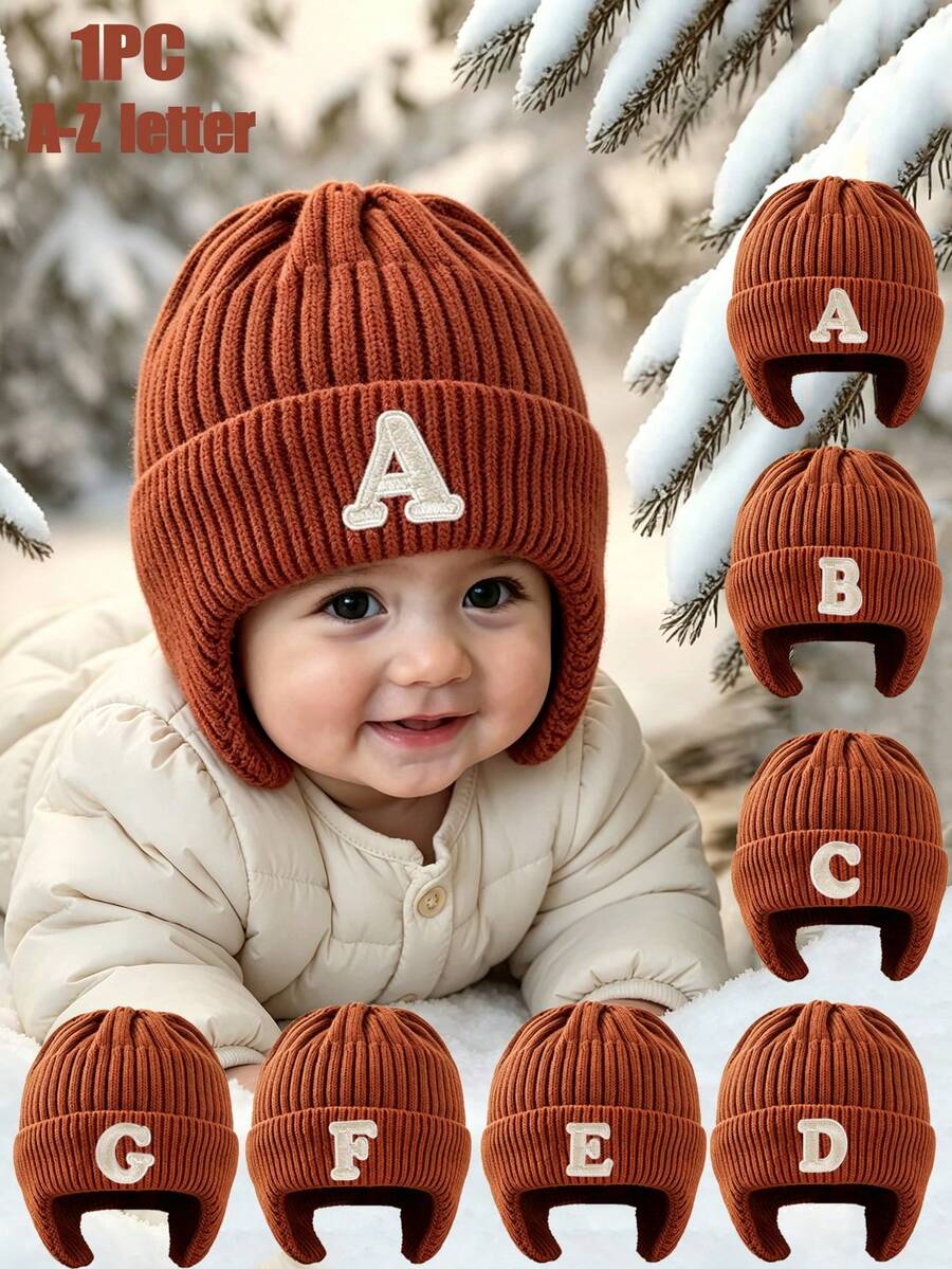 1pc Baby Winter Knit Hat, Toddler Thick Warm Letter Knit Beanie, Comfortable Soft Elastic Thick, Suitable For Winter Outings - Brown - View 1