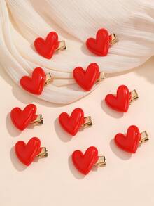 NAIZHU 10pcs Fashionable Cute Little Heart Hair Clips Set For Girls, Daily, Holiday, Party Gift - Red - View 1