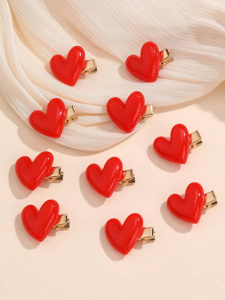 NAIZHU 10pcs Fashionable Cute Little Heart Hair Clips Set For Girls, Daily, Holiday, Party Gift - Red - View 1