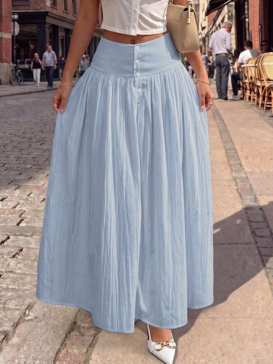 minisummer 女款秋季優雅白色紋理長裙,高腰前開扣百褶飄逸A字長擺裙,適合日常與度假 - 淺藍色 - 查看 1