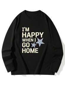 Women's Round Neck Long Sleeve T-Shirt, Spring/Autumn New Star Pattern & Letter Print, Fashion Casual Versatile Loose Top - Black - View 3
