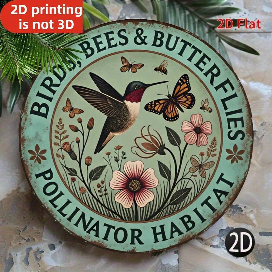 2D flach, 1 Stück Vintage 8X8 Zoll rustikaler Stil rundes Metall-Eisenschild, Vogel Bienen Schmetterling Insekten Lebensraum, geeignet für Garten, Hinterhof und Außenbereich, dekorativ