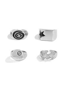 Xiacheng 4/9Pcs Chunky Thick Billiards Black Eight Layered Finger Rings Set Gothic Punk Y2K Stackable Knuckle Band Rings Silver Stars Jewelry For Women Men - Multicolor - View 7
