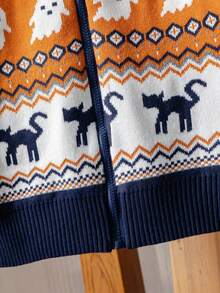 Boys Cute Colorblock Ghost Pumpkin Head Pattern Stand Collar Long Sleeve Knit Cardigan Suitable For Halloween Spring Autumn Winter - Navy Blue - View 7