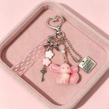 Gentle Fox Alloy Pendant Keychain, Vintage Key Charm With Lace Ribbon, Exquisite Bag Accessory, Best Friend Gift, Niche INS Style Pink Keychain, Girl's Backpack Charm, Portable Accessory - Pink - View 2