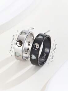 ATLVXJL 2pcs/Set Glowing Couple Rings, Family & Friendship Style, Luminous Double Heart Yin Yang Pattern, Silver & Black Stainless Steel, Casual Jewelry Rings Suitable For Daily Wear And Holiday Gift Giving - Multicolor - View 11