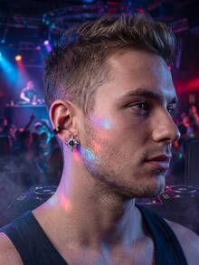 Clip On Stud Earrings For Men Polaris Geometry Circle Punk Fake Earrings Stainless Steel Non Piercing Silver Black Not Easy To Fall Halloween Jewel - Multicolor - View 10