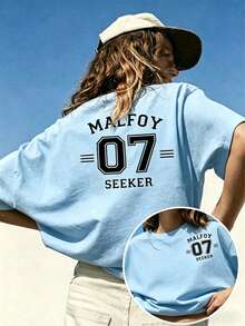 Women Crew Neck Tee, Malfoy 07 Seeker Back Print Short Sleeve, Stretchy All Season Casual Spring Summer Autumn Daily Printed Top, Graphic Summer Tops - 淺藍色 - 查看 1