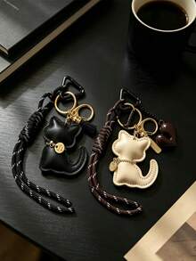 Cute Leather Cat Bag Charm Keychain, Cat Pendant With Chocolate Charm And Braided Rope Tassel, Bag Charm, Car Interior Charm, Car Keychain. Sweet Coffee Tone Bag Accessory Gift, Suitable For Women And Girls, Gift For Women, Birthday, Holiday Gift. - Multicolor - View 10