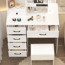 Teousev Dressing Table With LED Lights Mirror & Stool, Vanity Makeup Table With 5 Drawers, Open Storage Shelves, 3 Colour Adjustable Light, Lockable Drawers, White Cosmetic Desk For Bedroom - White - View 8