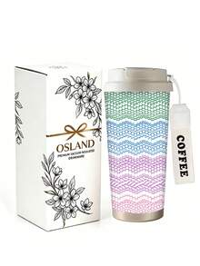1pc/5pcs 500ml Rainbow Knit Texture Travel Mug, Double-Wall Stainless Steel Insulated Cup, Colorful Knit Striped Pattern Print Design, Portable Coffee Cup With Lanyard, Suitable For Daily Commute - White - Colorful Letters - View 2