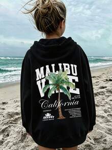 青少年女孩連帽衫，Malibu 風格加州海灘棕櫚樹背後圖案印花，秋冬休閒校園上衣 - 黑色 - 查看 2