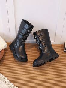 Girls' Brown Tall Riding Boots With Metal Buckle Side Zipper, Warm Long Boots For Autumn/Winter - Black - View 2