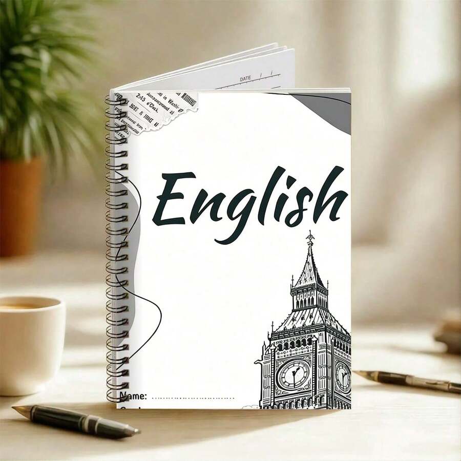 1 A5 Lined Spiral Notebook For English Class – Vintage Design Featuring A Black-Line Drawing Of Big Ben; Student Stationery For Back-To-School; Suitable For English Class Notes. - A - View 1