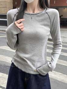 YCYC Korean Vintage Chic Contrast Stitching Round Neck Raglan Long Sleeve T-Shirt Women Frill Trim Line Undershirt Top - Grey - View 1
