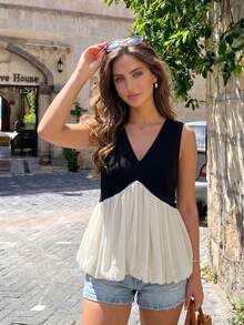 Women's V-Neck Color Block Pleated Casual Versatile Daily Wear Top Black Summer - Black - View 8