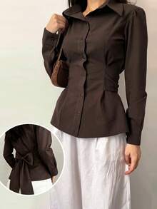 Blus Wanita Elegan Lengan Panjang Berkerah Kancing Depan Ikat Pinggang Belakang Potongan Ramping, Warna Polos Ikat Pinggang Belakang Kancing Depan untuk Kantor Kencan Sehari-hari Musim Gugur Musim Dingin - Cokelat - View 2