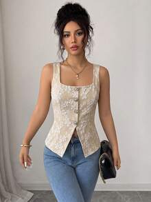 Women Summer Fall Beige Floral Embroidery Sleeveless Vest Top, Back To School, Daily Wear & Going Out - Khaki - View 1