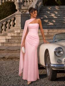 UNITHORSE [Random Cut]Bandeau Waist-Cinching Backless Tie-Up Chiffon Elegant Evening Gown - Baby Pink - View 1