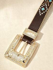 APLCSEY 1pc Women's Black & Camel PU Rhinestone Chain Belt, Fashionable Bohemian Style Leather Belt Suitable For Daily Wear - Coffee - View 3