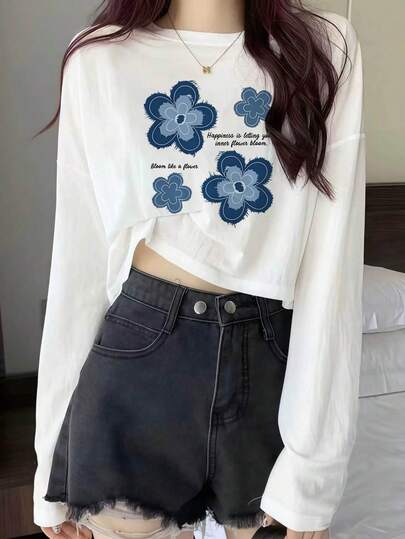 Women's Soft Floral Print Long Sleeve T-Shirt, Slim Fit Cropped Round Neck Top, Versatile Innerwear And Outerwear Casual