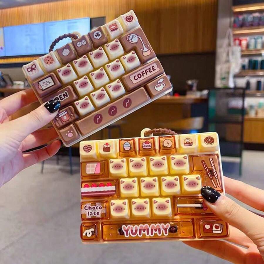Cat Bakery Theme 26 Grid Mini Keyboard Fidget Toy Keychain, Cute Kitten Coffee Bread Cake Cartoon Click Button Sensory Fidget Toy, Portable Anxiety Stress Relief Bag Pendant Gift - Multicolor - View 1