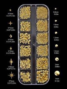 12-Grid Mixed 3D Metal Caviar Beads Nail Art Decoration Set (Stars & Metal Rivets), Cool Punk Y2K Style Rhinestone Nail Art Decor, Suitable For DIY Nail Art & Handmade Decoration - Gold - View 5