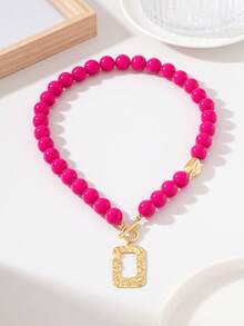 Rose Red Acrylic Beaded Necklace With Hammered Hollow Rectangular Metal Pendant - Hot Pink - View 15