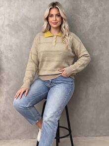 Plus Size Women's Casual Vintage Knit Polo Shirt, Button Design, Long Drop Shoulder Sleeves, Regular Length, Suitable For Daily Wear - Apricot - View 2