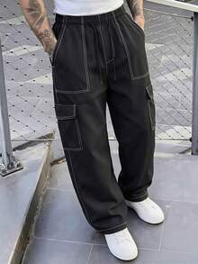 Men's Black Cargo Pants, Loose Wide Leg Casual Long Pants, Multi-Pocket Cargo Pants, Contrast Stitching, Drawstring Waist, Streetwear Style Sports - Black - View 2