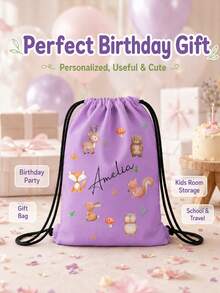 Customized Wildlife Zoo Animal Name Drawstring Bag - Personalized Zoo Text Backpack, Suitable For Picnic, Unique Gift Bag, Can Be Used As Birthday Party, Baby Shower Gift And Customized Birthday Gift - Multicolor - View 5