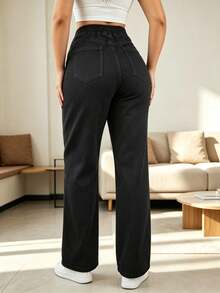 Pantalones vaqueros de corte amplio con cinturón elástico y cordón, bolsillos de trabajo amplios, tela suave lavada para disimular las piernas y favorecer la silueta casual diaria - Negro - Ver 2
