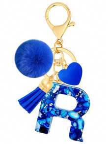 Cute A-Z Initial Keychain With Royal Blue Pom Pom, Heart And Tassel, Minimalist Personalized Key Chain For Women, Bag Charm, Daily Wear Accessory And Gift - Royal Blue - View 24