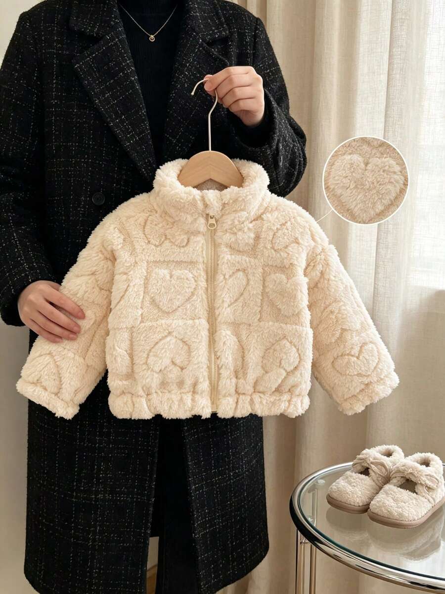 Autumn/Winter Soft Thick Jacket For Toddler Girls, Cute Heart Pattern, Toddler Outwear - Beige - View 1