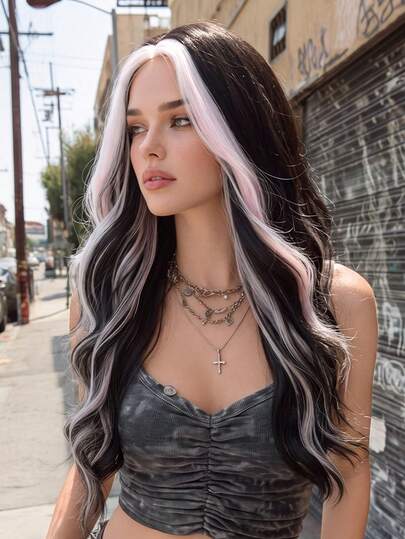 24inch Black Wig Pink Highlights Side Part Wig, Long Body Wave Synthetic Heat-Resistant Fiber Hair Halloween Costume Wig For Music Festival Party Wear, Y2K Alt Girl Daily Streetwear Party Cosplay Use