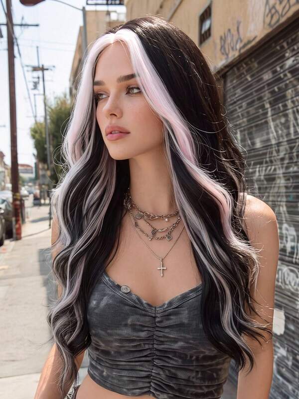 24inch Black Wig Pink Highlights Side Part Wig, Long Body Wave Synthetic Heat-Resistant Fiber Hair Halloween Costume Wig For Music Festival Party Wear, Y2K Alt Girl Daily Streetwear Party Cosplay Use