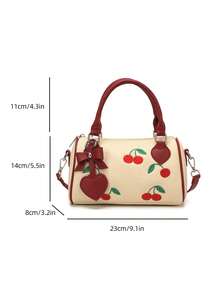 Niche Sweet Contrast Color Cherry Embroidered Boston Classic Pillow Bag With Hand Carry Handle And Adjustable Long Shoulder Strap, 3-In-1 Carrying Style: Handheld, Shoulder, Crossbody, Suitable For Light Travel, Shopping, Dating, Commuting And Outings - Red - View 2