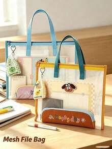 1pc/10pcs Popular Cute Transparent Mesh File Tote Bag, Colorful Shoulder Strap Zipper File Storage Bag, Cute Plaid Pendant Decoration Stationery Handbag, Large Capacity Visible Test Paper Organizer Bag, Minimalist Portable Student Women Campus Storage Bag Gift - Multiple Styles - View 2