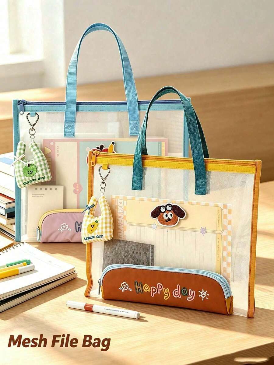 1pc/10pcs Popular Cute Transparent Mesh File Tote Bag, Colorful Shoulder Strap Zipper File Storage Bag, Cute Plaid Pendant Decoration Stationery Handbag, Large Capacity Visible Test Paper Organizer Bag, Minimalist Portable Student Women Campus Storage Bag Gift