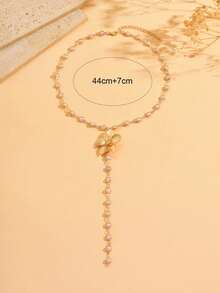 1pc Luxury Design Pearl Y-Shaped Long Necklace, Elegant Gold 3D Floral Decor Jewelry For Women, Suitable For Daily Wear, Parties, Festivals. - Multicolor - View 4